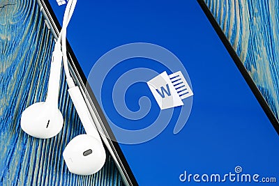 Microsoft Word application icon on Apple iPhone X screen close-up. Microsoft office word icon. Microsoft office on mobile phone. S Editorial Stock Photo