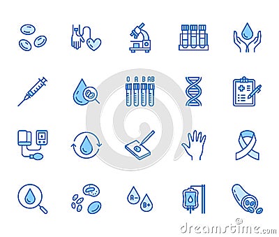 Hematology flat line icons set. Blood cell, vessel, sphygmomanometer, dna test, biochemical microscope vector Vector Illustration