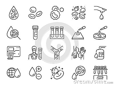 Hematology icon set. It included hematologist, blood, hemoglobin, cells, and more icons. Editable Vector Stroke. Vector Illustration