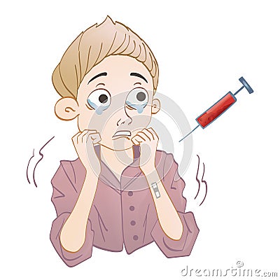 Hematophobia, abnormal and persistent fear of blood. Scared boy and syringe with blood. Vector illustration. Vector Illustration