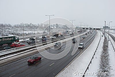 British motorway M1 during snow storm Editorial Stock Photo