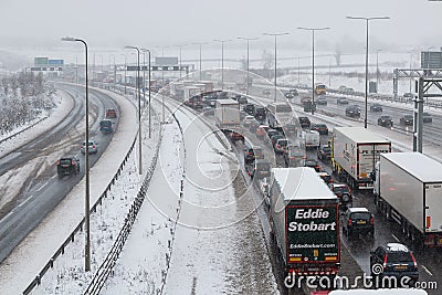 British motorway M1 during snow storm Editorial Stock Photo