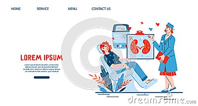Hemodialysis or blood dialysis procedure to treat kidney in website interface design, cartoon vector. Vector Illustration