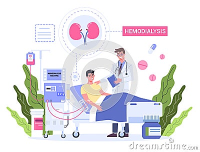 Hemodialysis for kidney treatment. Man get a kidney disease Vector Illustration