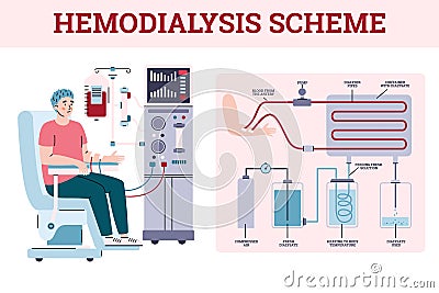 Hemodialysis renal scheme with equipment for treatment kidney diseases failure Vector Illustration