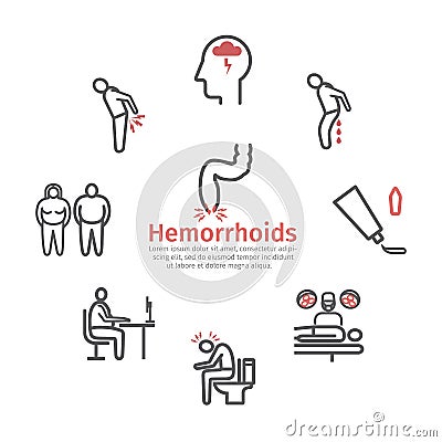 Hemorrhoids banner line icon Infographics. Vector signs for web graphics. Vector Illustration