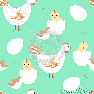 Hen and baby chicken seamless pattern Vector Illustration