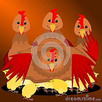 Hen with baby chicks Vector Illustration