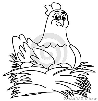 Hen brooding eggs for coloring Cartoon Illustration