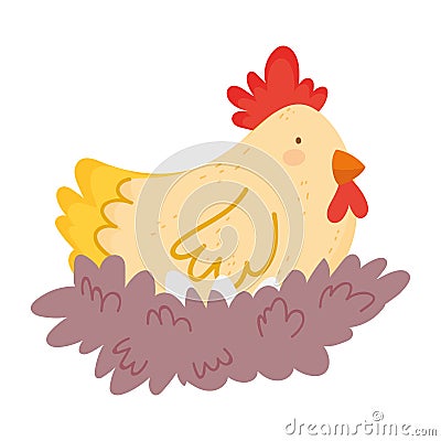 Hen chicken with eggs in the nest farm animal cartoon Vector Illustration