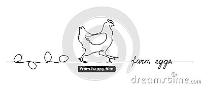 Hen or chicken vector with eggs. Farm eggs lettering, text. One continuous line drawing. Minimal, simple background for Vector Illustration