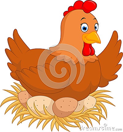 A hen hatching eggs Vector Illustration