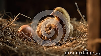 Hen hatching eggs in nest of straw inside chicken coop. Generative AI Stock Photo