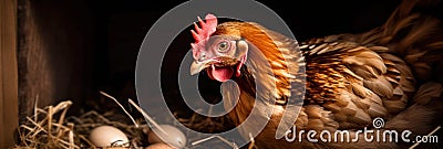 Hen incubating eggs in the straw in the coop on a farm Stock Photo