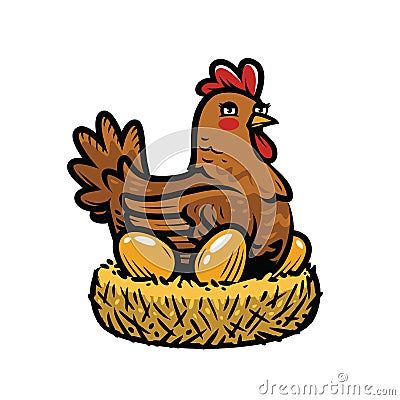 Hen laying eggs in nest. Chicken cartoon vector Vector Illustration