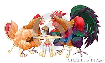 Hen and rooster in a cafe Vector Illustration