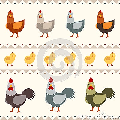 Hen, rooster and chicken flat vector illustration. Seamless pattern Vector Illustration