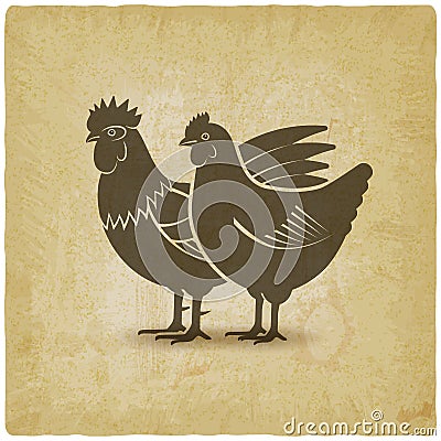 Hen and rooster silhouettes vintage background Vector Illustration