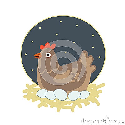Hen sitting on her eggs in straw nest at night-140(AI Vector Illustration
