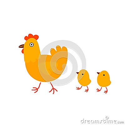 Hen walking with her cute little chicks Vector Illustration