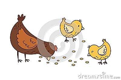 Hen with Yellow Chick Walking in the Yard Picking Grain Vector Illustration Vector Illustration