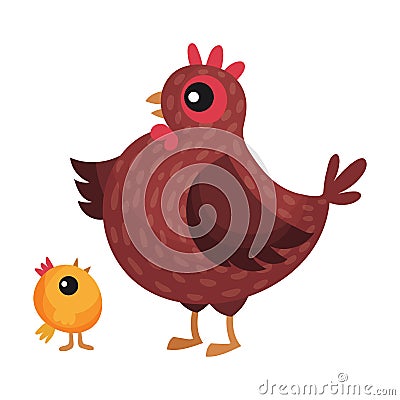 Hen with Yellow Chick Walking in the Yard Vector Illustration Vector Illustration
