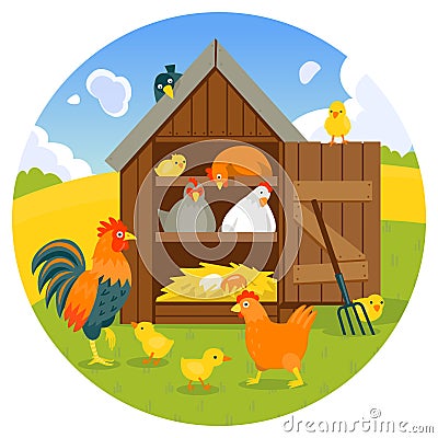 Henhouse with funny birds on a green lawn vector illustration Vector Illustration