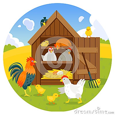 Henhouse with funny birds on a green lawn vector illustration Vector Illustration