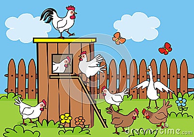 Henhouse and poultry in the backyard, vector illustration Vector Illustration