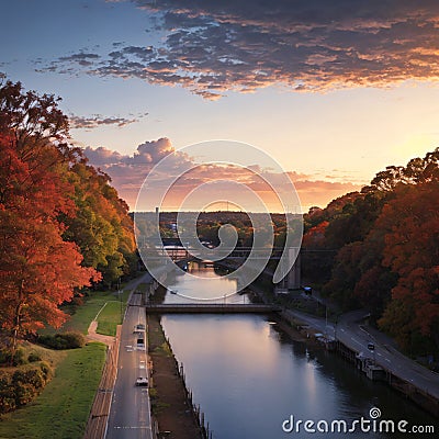 the Henley Street Bridge over the Tennessee River surrounded by autumn colored trees, lush green trees and office Stock Photo