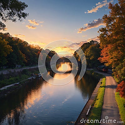 the Henley Street Bridge over the Tennessee River surrounded by autumn colored trees, lush green trees and office Stock Photo