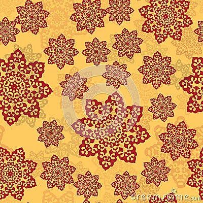 Henna color ornament of mandala on a yellow background. Endless Tile for oriental carpets, shawls, textiles, fabric Vector Illustration