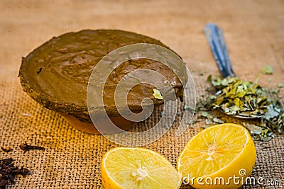 Henna dye mixture the ayurvedic way of dyeing hairs. Stock Photo