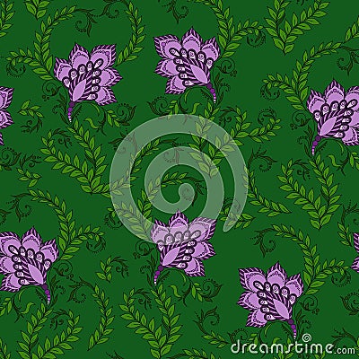 Henna Mehendi Doodles Seamless Pattern on a green background Vector Illustration