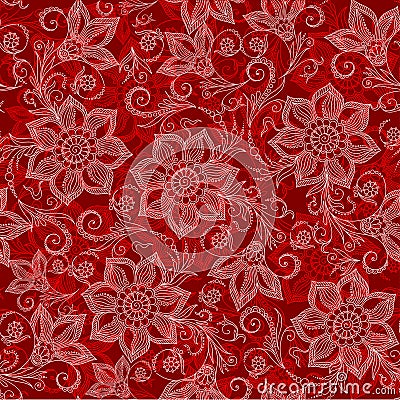 Henna Mehendi Tattoo Doodles Seamless Pattern on red background Vector Illustration