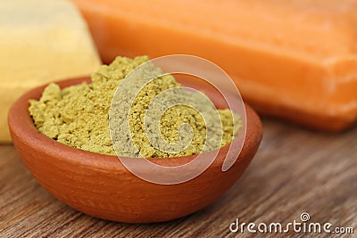Henna powder with other beautification product Stock Photo