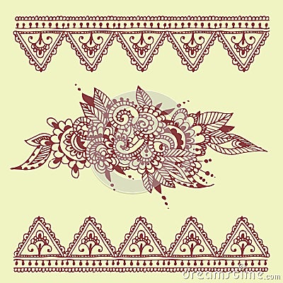 Henna tattoo brown mehndi flower doodle ornamental decorative indian design pattern paisley arabesque mhendi Vector Illustration