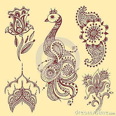 Henna tattoo brown mehndi flower doodle ornamental decorative indian design pattern paisley arabesque mhendi Vector Illustration