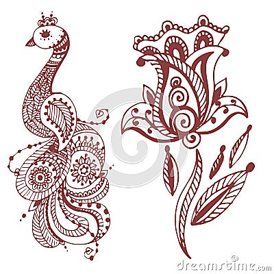 Henna tattoo brown mehndi flower doodle ornamental decorative indian design pattern paisley arabesque mhendi Vector Illustration