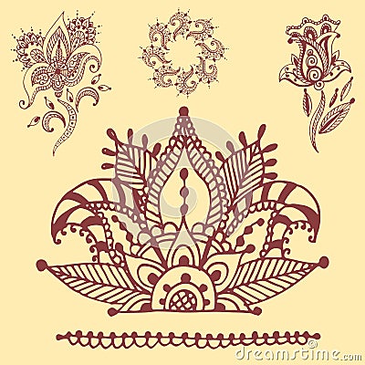 Henna tattoo brown mehndi flower doodle ornamental decorative indian design pattern paisley arabesque mhendi Vector Illustration