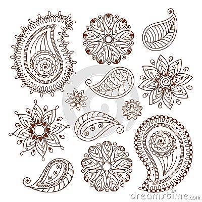Henna tattoo mehndi doodle elements set Vector Illustration