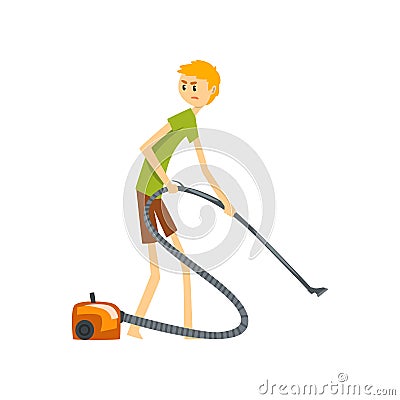 Henpecked man, husband cleaning the floor with vacuum cleaner, househusband doing household cartoon vector Illustration Vector Illustration