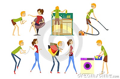 Henpecked man set, husband dominated by wife, househusband doing household cartoon vector Illustrations on a white Vector Illustration