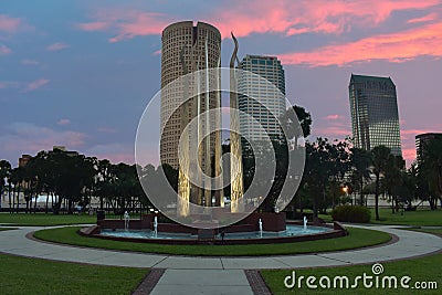 Henry B Plant Park and Skyscrapers downtown buildings on colorful sunset. Editorial Stock Photo