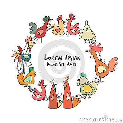 Hens and roosters in henhouse, sketch for your design Vector Illustration