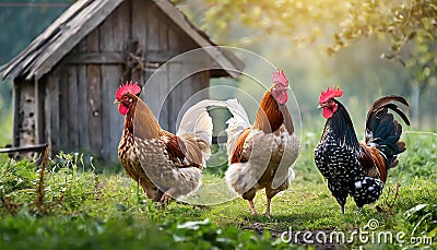 Hens and roosters walk on the grass, wooden hencoop in background Stock Photo