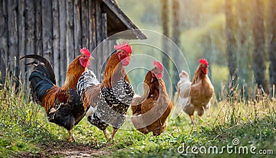 Hens and roosters walk on the grass, wooden hencoop in background Stock Photo