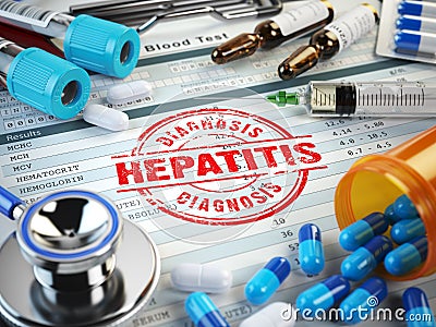 Hepatitis disease diagnosis. Stamp, stethoscope, syringe, blood Stock Photo