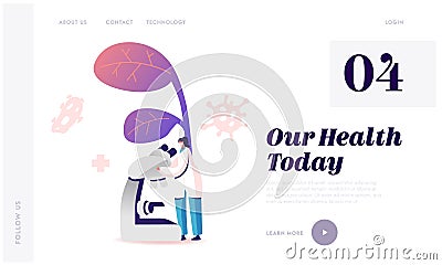 Hepatitis Disease, Medical Research Liver Sickness Website Landing Page. Doctor Look in Electronic Microscope Vector Illustration