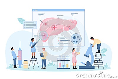 Hepatitis, hepatic disease, tiny doctors study science diagram with magnifying glass Vector Illustration